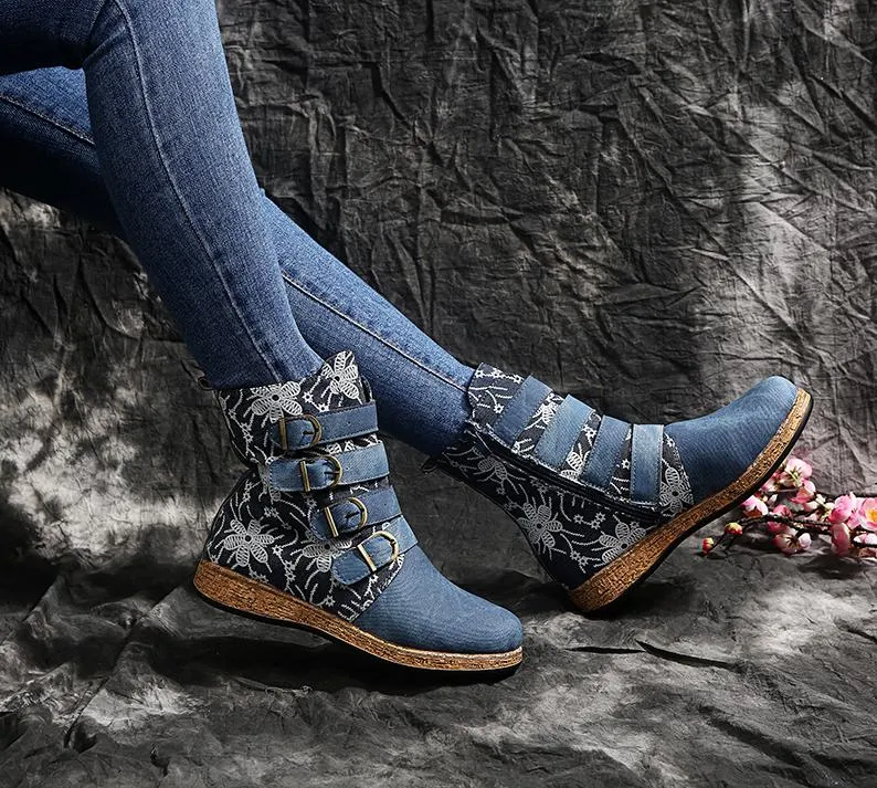 Women Floral Retro Folk Custom Buckle Strap Flat Heel Platform Ankle Boots