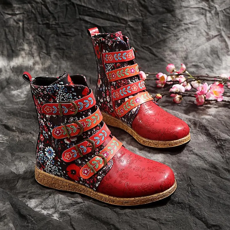 Women Floral Retro Folk Custom Buckle Strap Flat Heel Platform Ankle Boots