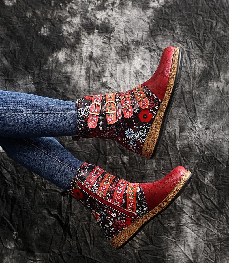 Women Floral Retro Folk Custom Buckle Strap Flat Heel Platform Ankle Boots