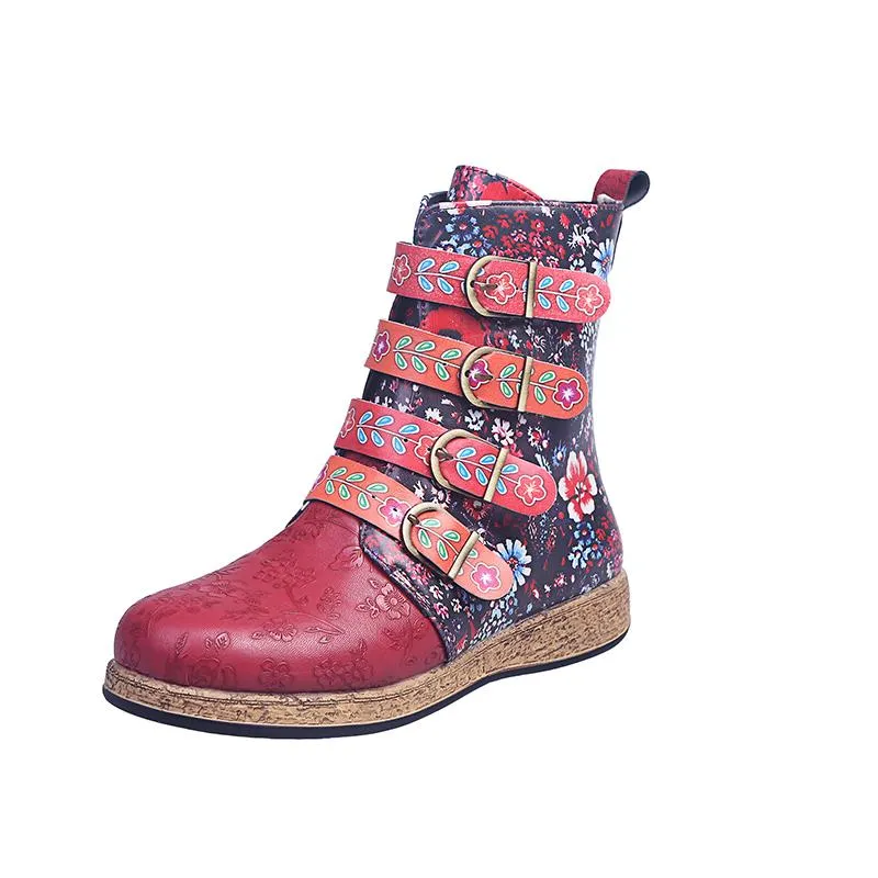 Women Floral Retro Folk Custom Buckle Strap Flat Heel Platform Ankle Boots