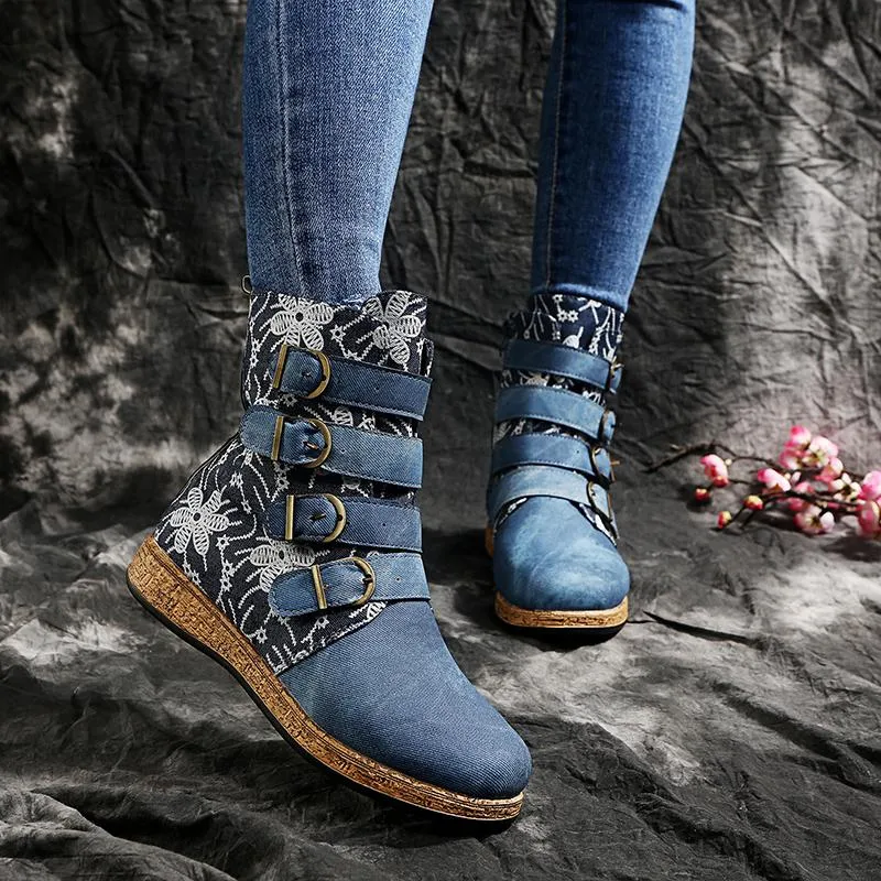 Women Floral Retro Folk Custom Buckle Strap Flat Heel Platform Ankle Boots