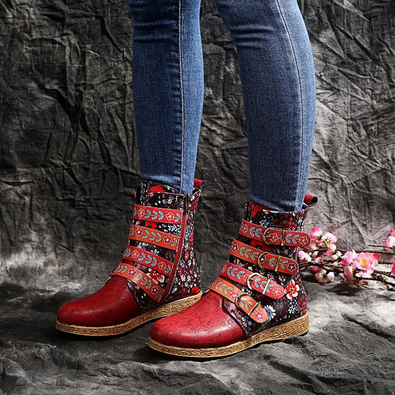 Women Floral Retro Folk Custom Buckle Strap Flat Heel Platform Ankle Boots