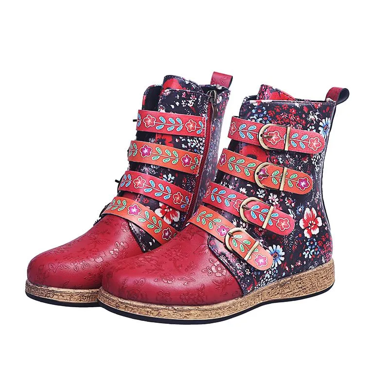 Women Floral Retro Folk Custom Buckle Strap Flat Heel Platform Ankle Boots