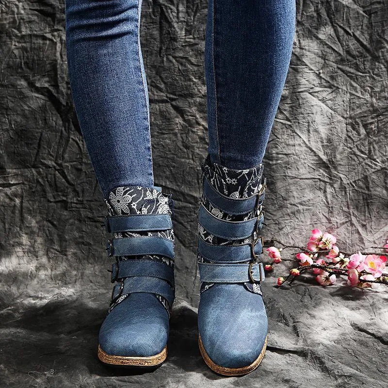 Women Floral Retro Folk Custom Buckle Strap Flat Heel Platform Ankle Boots