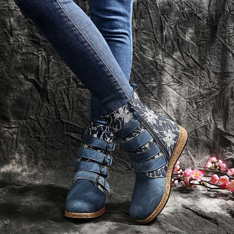 Women Floral Retro Folk Custom Buckle Strap Flat Heel Platform Ankle Boots