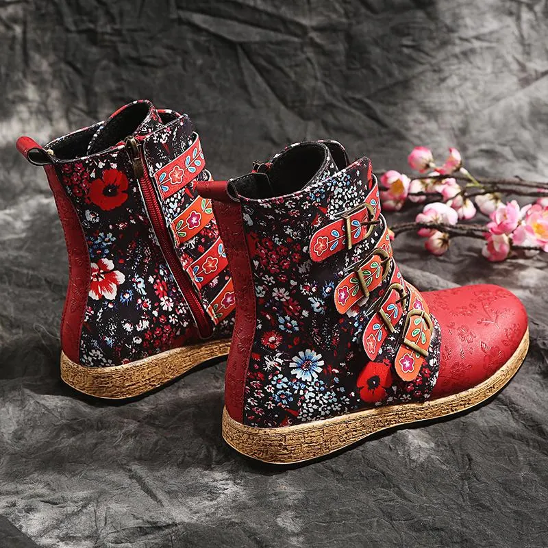 Women Floral Retro Folk Custom Buckle Strap Flat Heel Platform Ankle Boots