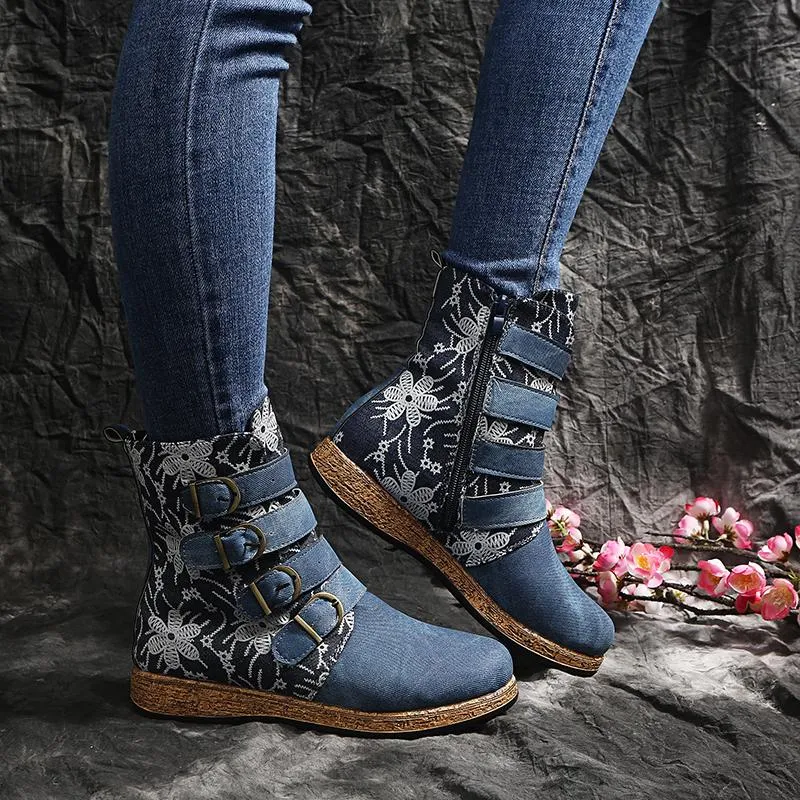 Women Floral Retro Folk Custom Buckle Strap Flat Heel Platform Ankle Boots