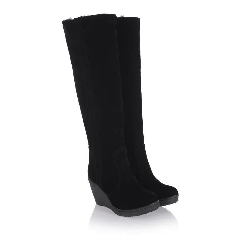 Women knee high boots | Platform wedge heel lining faux fur winter boots | Minimalist long boots