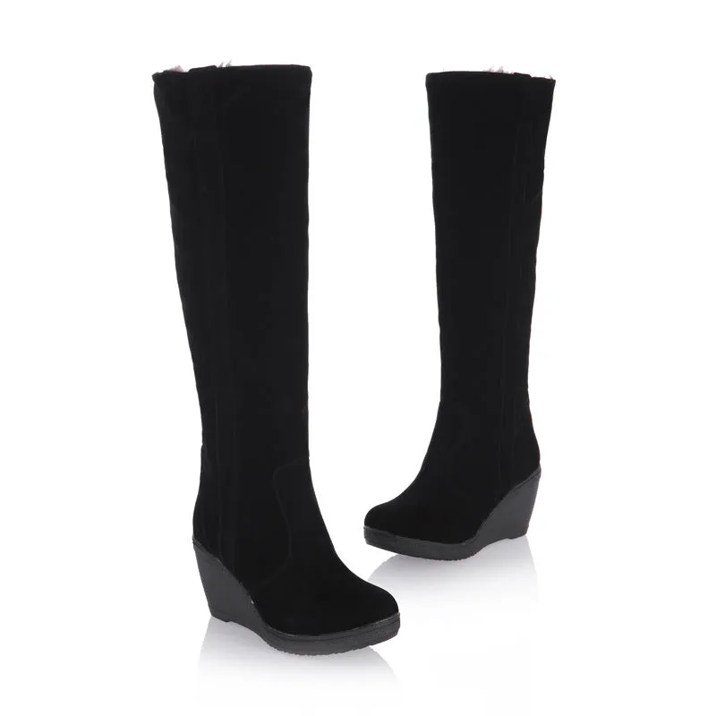 Women knee high boots | Platform wedge heel lining faux fur winter boots | Minimalist long boots