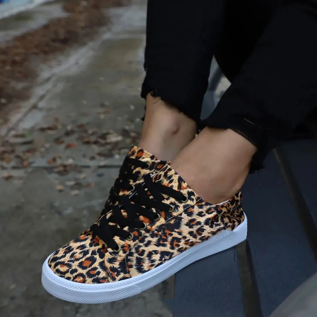 Women plaid leopard canvas flat lace up slip on sneakers