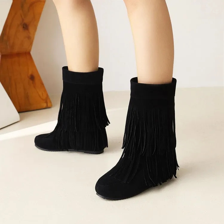 Women's Flock Round Toe Tassel Flat Inside Heighten Mid Calf Boots