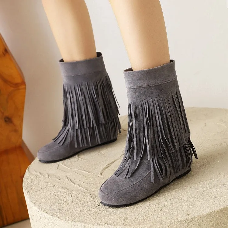 Women's Flock Round Toe Tassel Flat Inside Heighten Mid Calf Boots