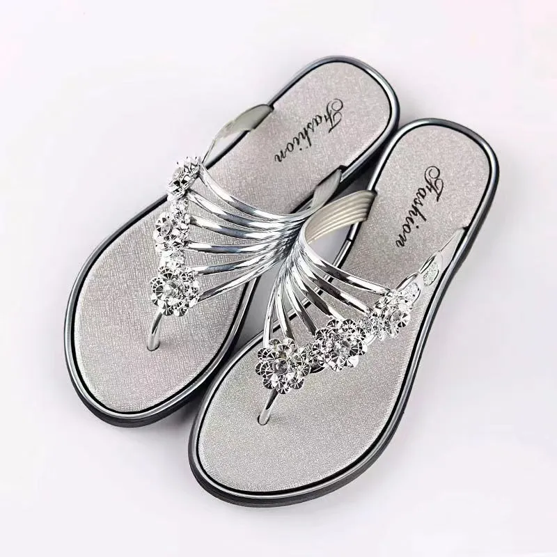 Women's Lightweight Flower Faux Rhinestone Flip Flops Flat Open Toe Fashion Slippers