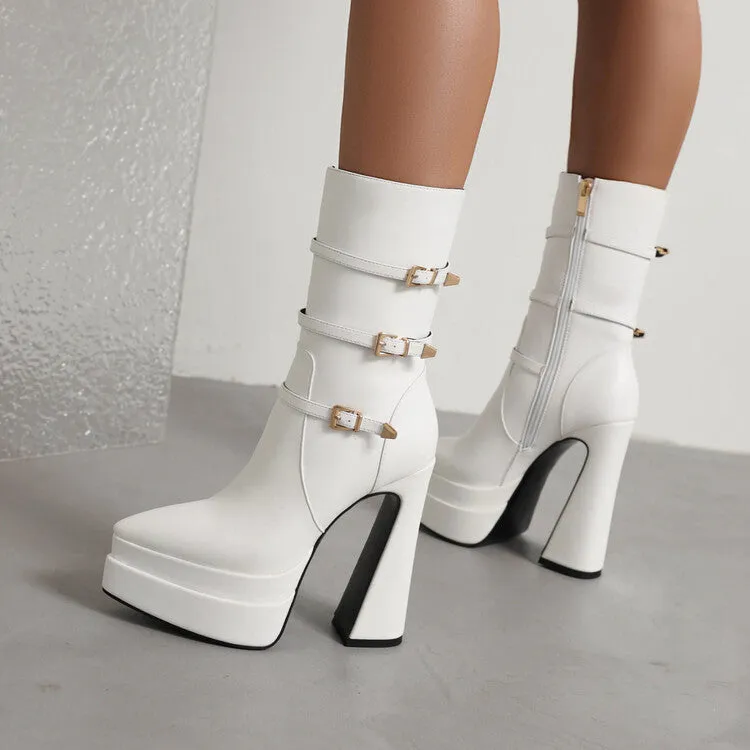 Women's Pointed Toe Buckle Straps Side Zippers Spool Heel Platform Mid Calf Boots