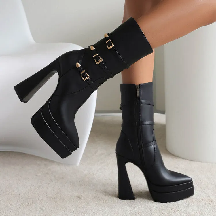 Women's Pointed Toe Buckle Straps Side Zippers Spool Heel Platform Mid Calf Boots