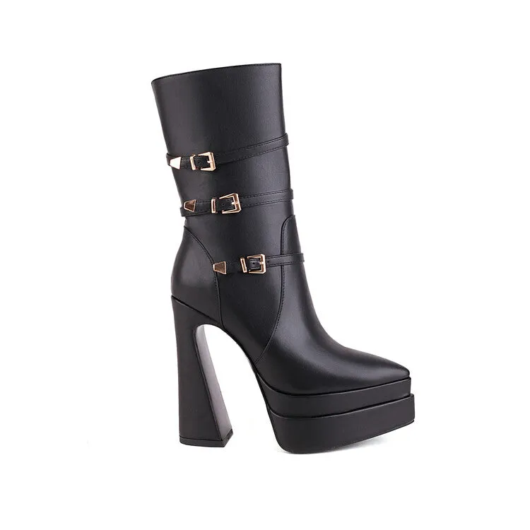 Women's Pointed Toe Buckle Straps Side Zippers Spool Heel Platform Mid Calf Boots