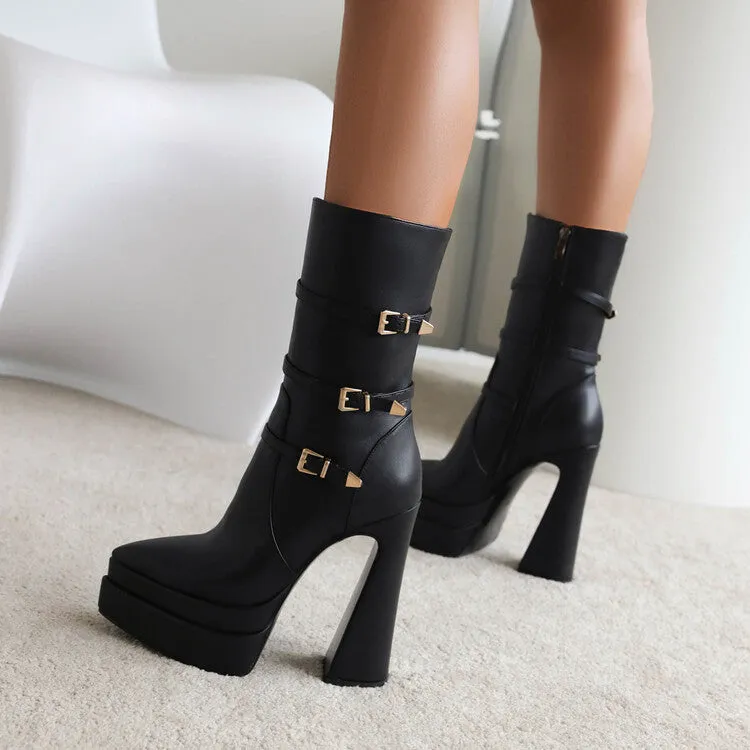 Women's Pointed Toe Buckle Straps Side Zippers Spool Heel Platform Mid Calf Boots