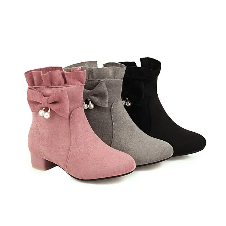 Women's  Ruffle Bowtie Low Heel Short Boots