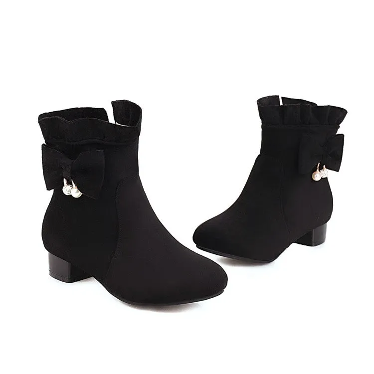 Women's  Ruffle Bowtie Low Heel Short Boots