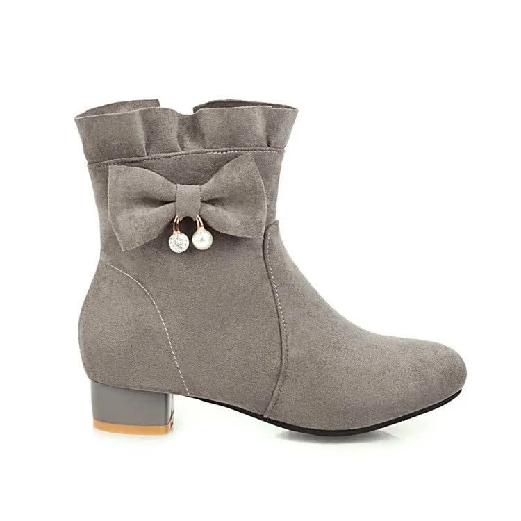 Women's  Ruffle Bowtie Low Heel Short Boots