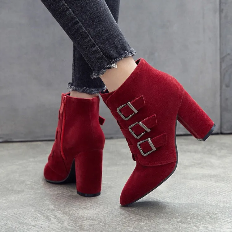 Women's Suede Buckle High Heel Short Boots