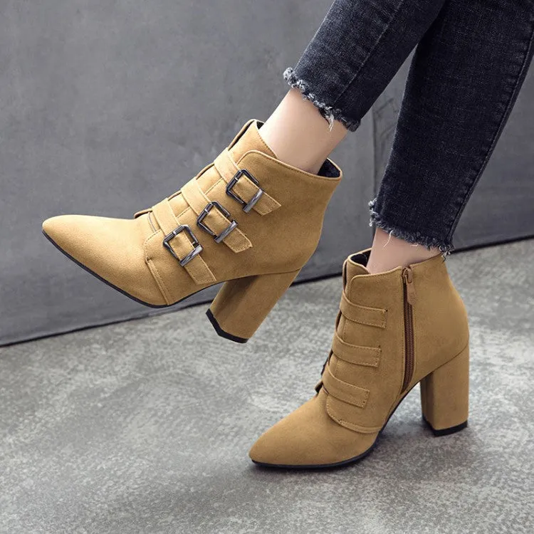 Women's Suede Buckle High Heel Short Boots