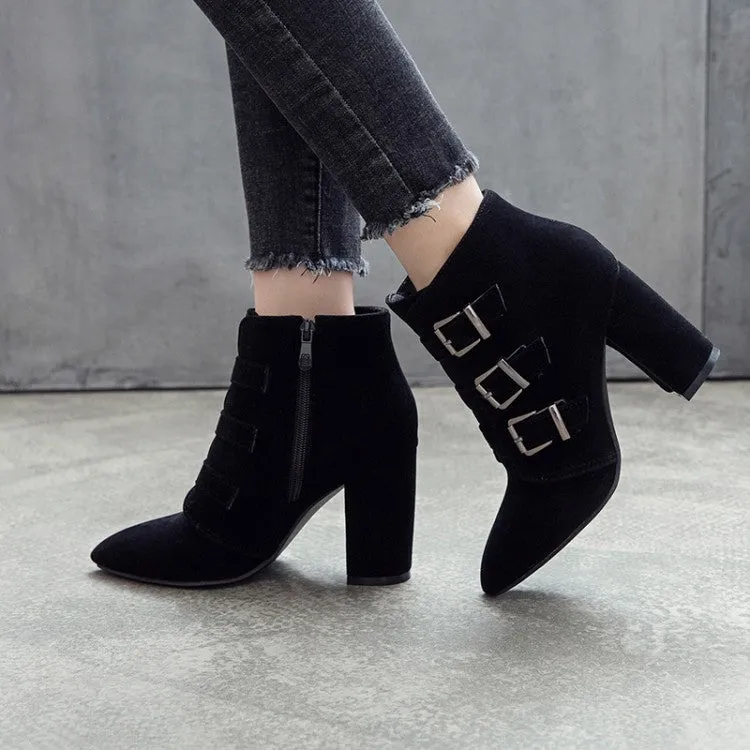 Women's Suede Buckle High Heel Short Boots