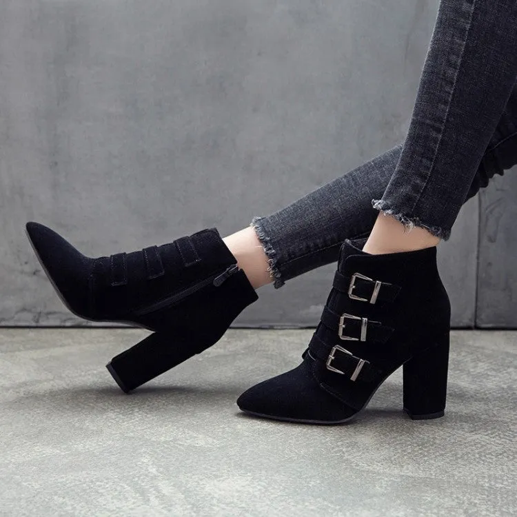 Women's Suede Buckle High Heel Short Boots