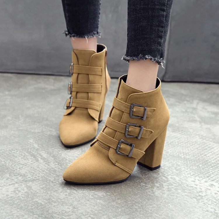 Women's Suede Buckle High Heel Short Boots