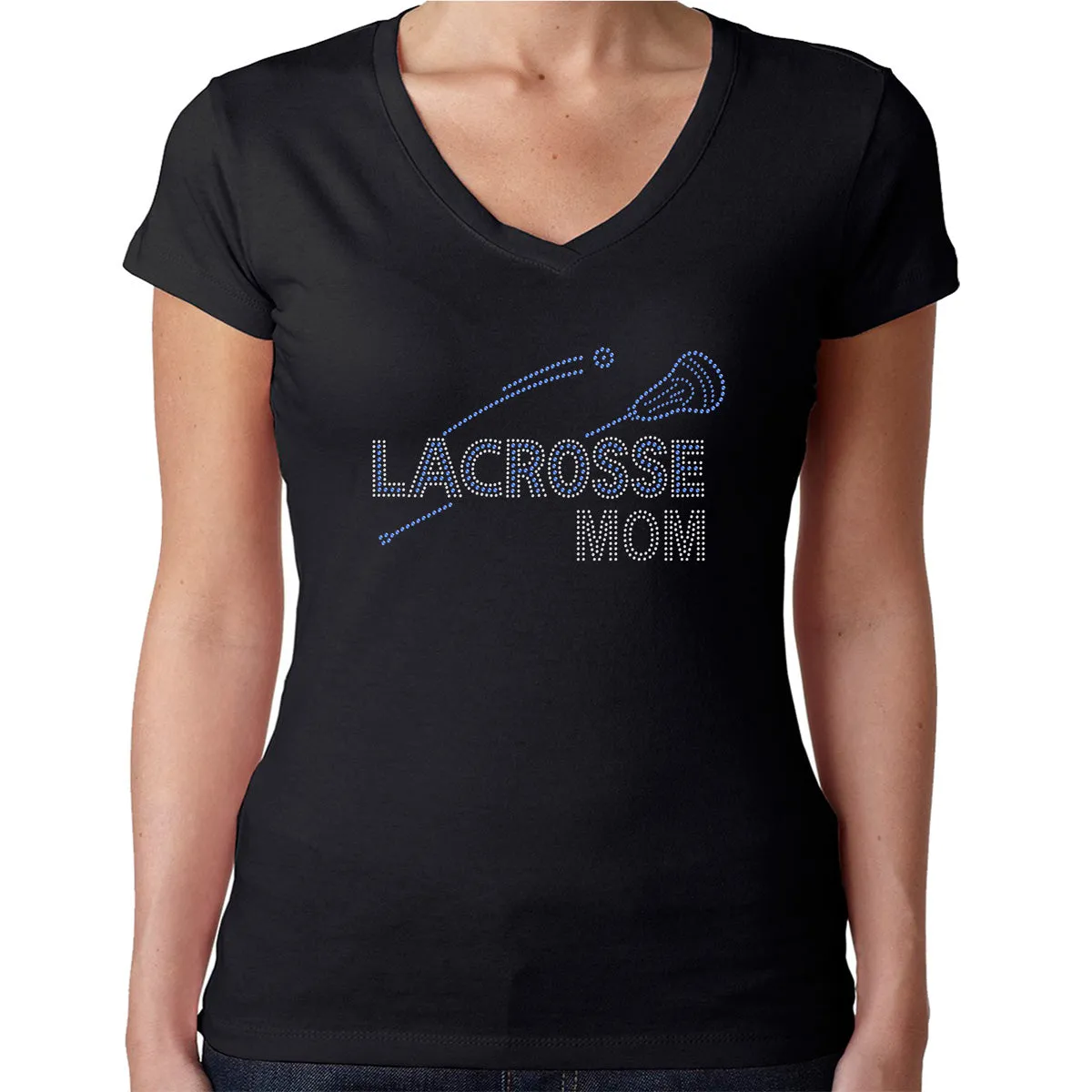 Womens T-Shirt Rhinestone Bling Black Fitted Tee Lacrosse Sport Mom Sparkle