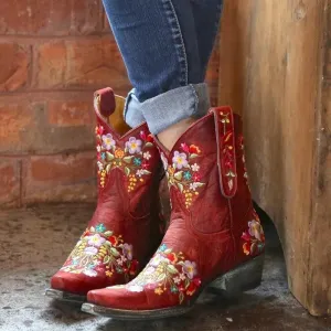 Women's vintage flower embroidery ankle high cowboy boots pointed toe chunky low heel boots