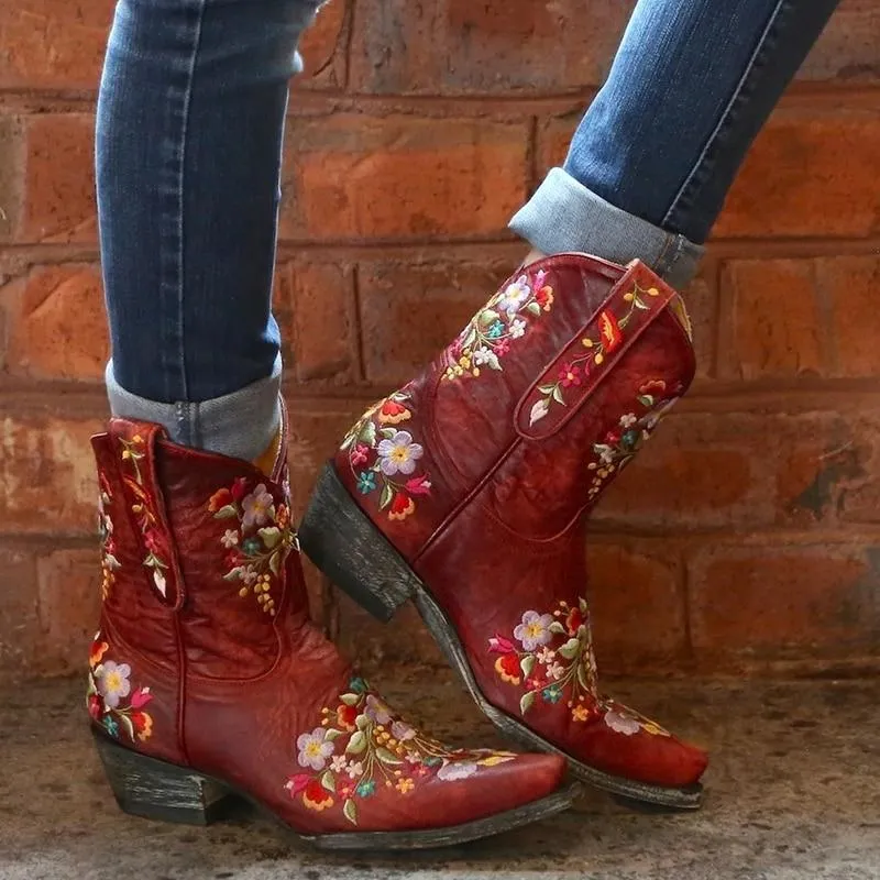 Women's vintage flower embroidery ankle high cowboy boots pointed toe chunky low heel boots