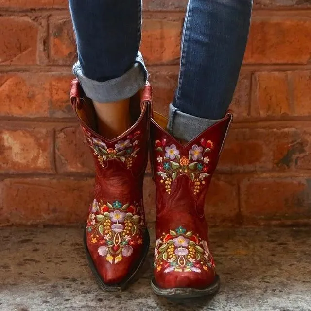 Women's vintage flower embroidery ankle high cowboy boots pointed toe chunky low heel boots