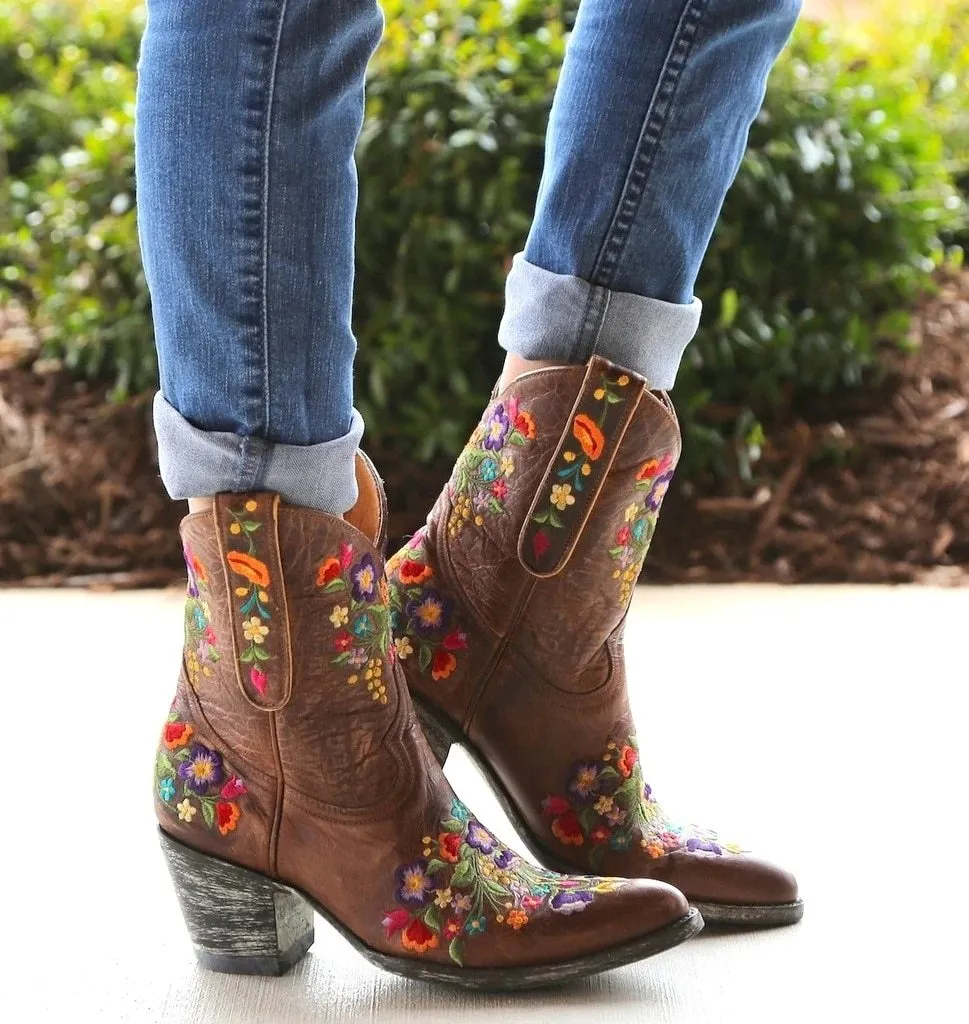 Women's vintage flower embroidery ankle high cowboy boots pointed toe chunky low heel boots