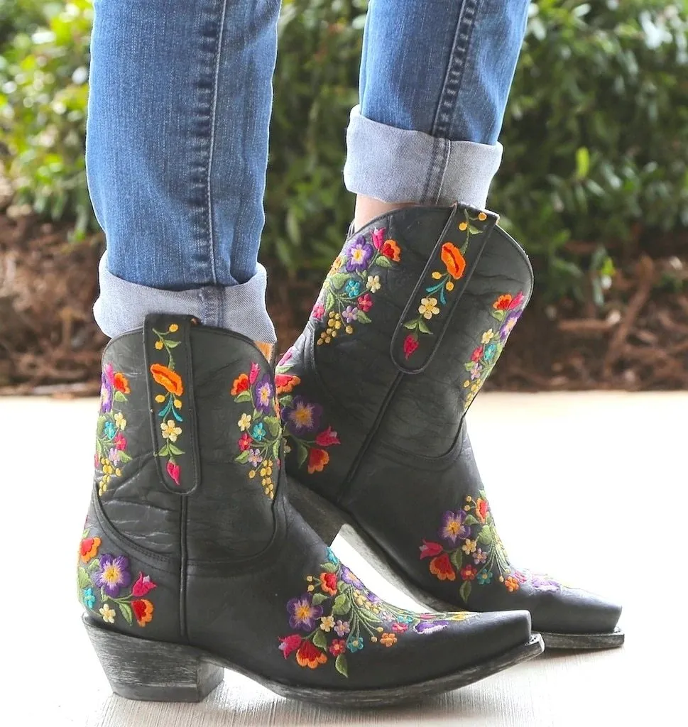 Women's vintage flower embroidery ankle high cowboy boots pointed toe chunky low heel boots