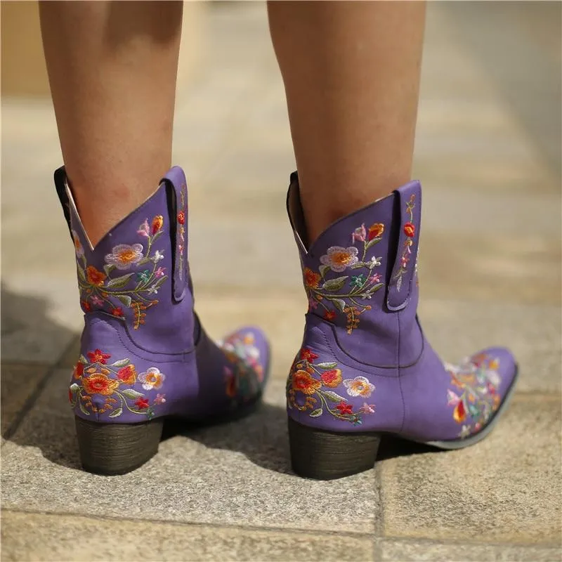 Women's vintage flower embroidery ankle high cowboy boots pointed toe chunky low heel boots