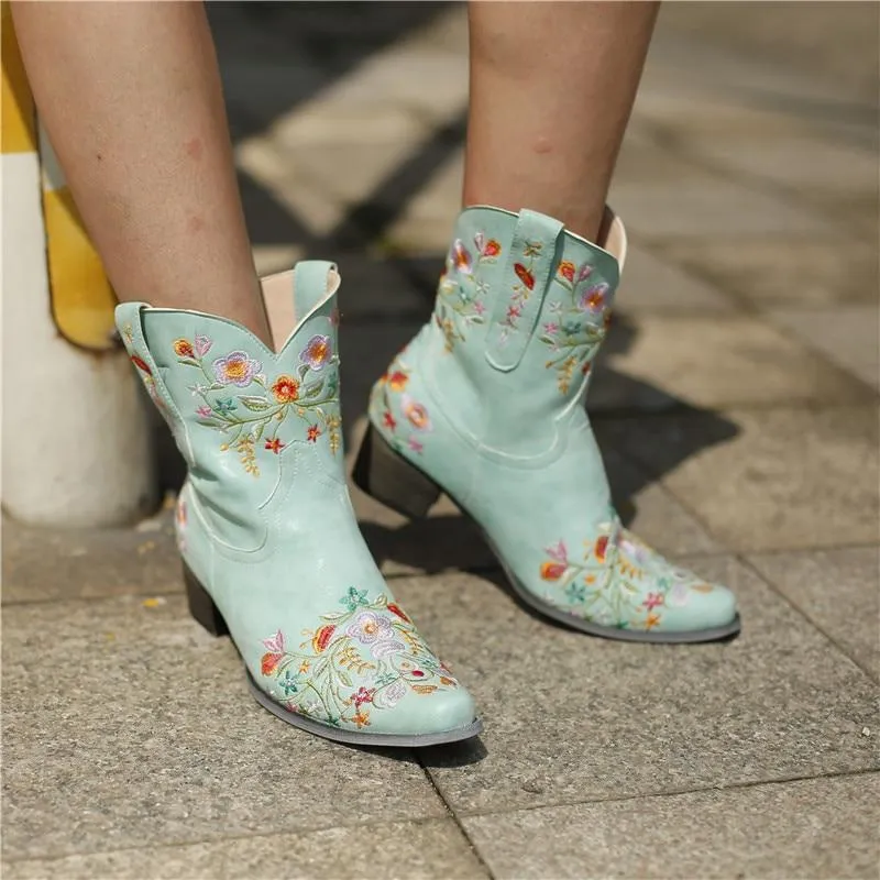 Women's vintage flower embroidery ankle high cowboy boots pointed toe chunky low heel boots