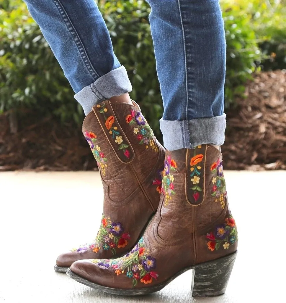 Women's vintage flower embroidery ankle high cowboy boots pointed toe chunky low heel boots