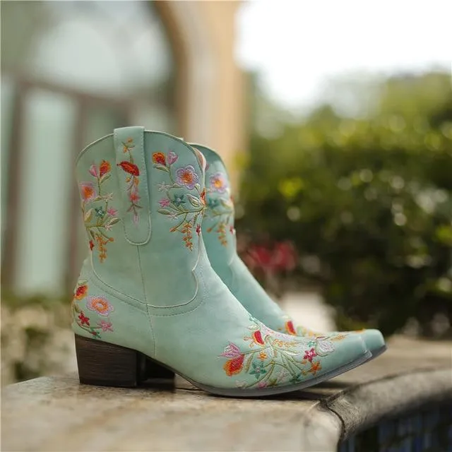 Women's vintage flower embroidery ankle high cowboy boots pointed toe chunky low heel boots