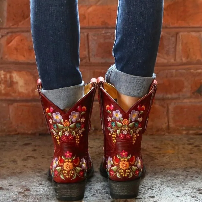 Women's vintage flower embroidery ankle high cowboy boots pointed toe chunky low heel boots