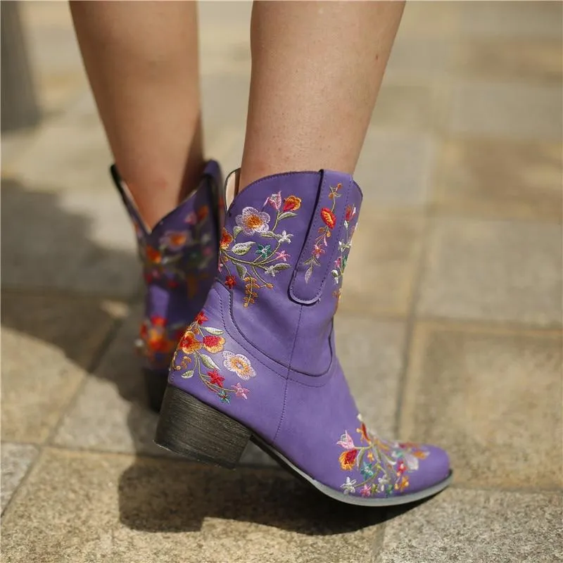 Women's vintage flower embroidery ankle high cowboy boots pointed toe chunky low heel boots