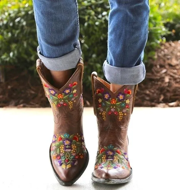 Women's vintage flower embroidery ankle high cowboy boots pointed toe chunky low heel boots