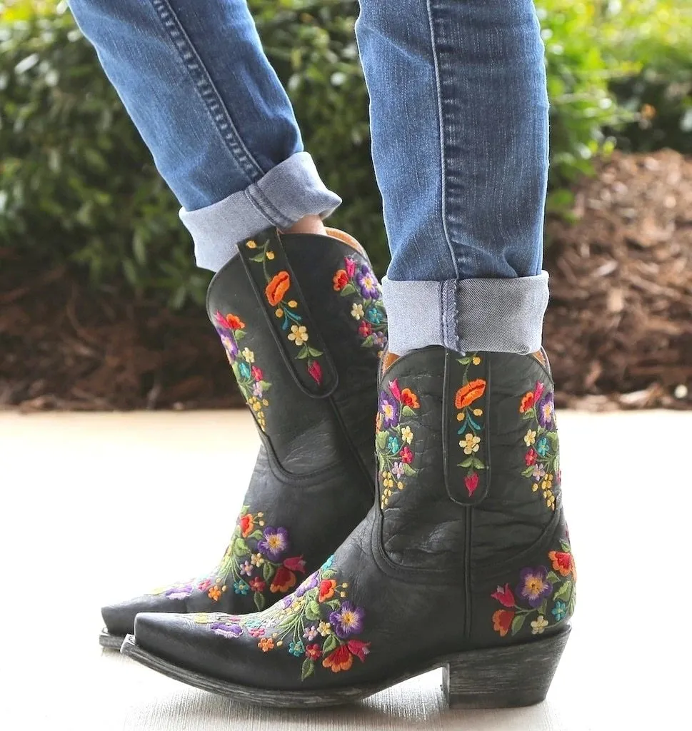 Women's vintage flower embroidery ankle high cowboy boots pointed toe chunky low heel boots